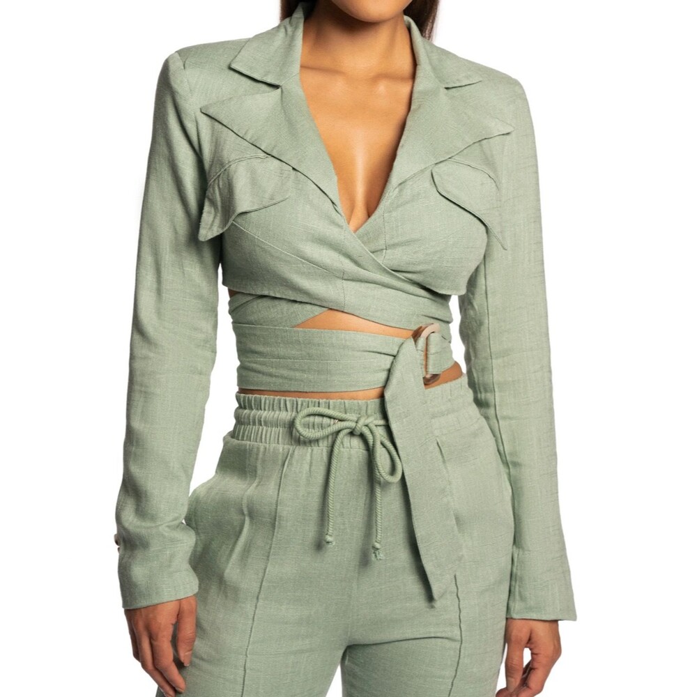 NWT JLUXLABEL Myling Cotton & Linen Wrap Jacket Collared Cropped Sage Green M